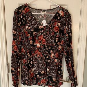 Maurices Black and Red Ruffled Wrap Blouse